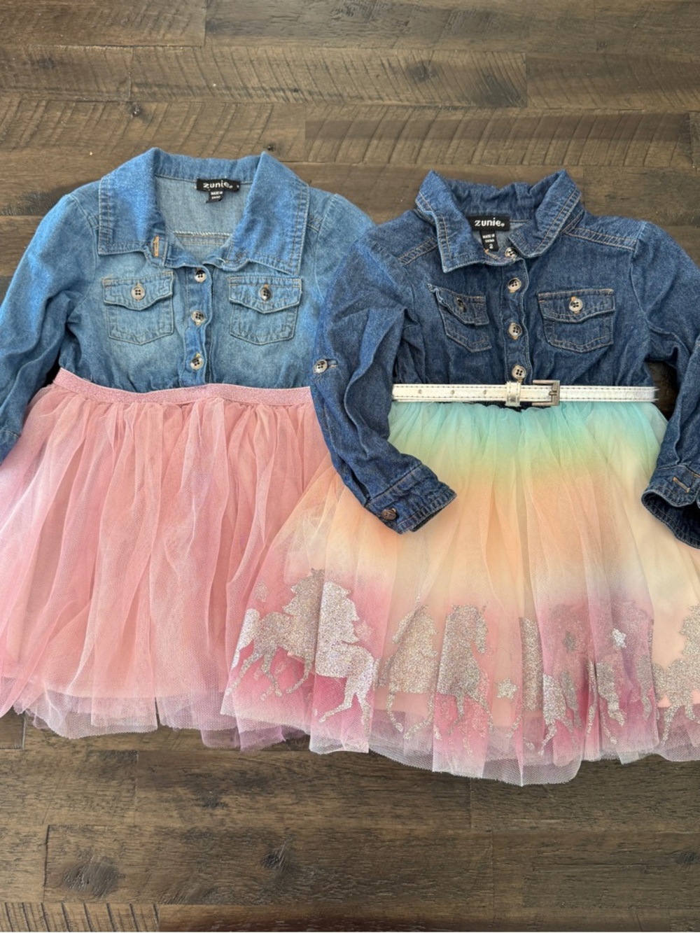 2T Zunie Denim Button Down & Tulle Dress Set - Pink & Pastel Rainbow Unicorn